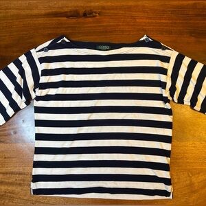 Lauren Ralph Lauren Striped Button Shoulder Top Black White Cotton M